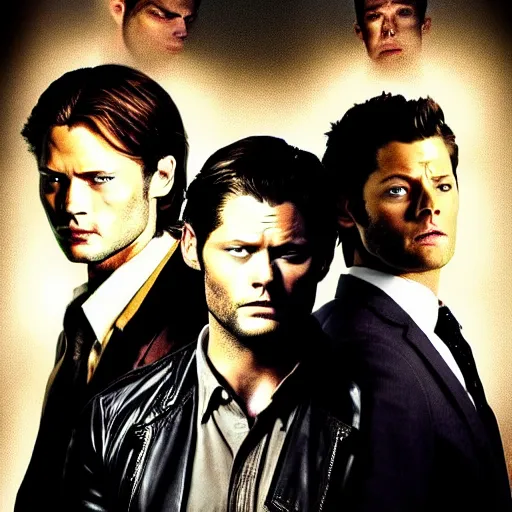 Image similar to sam winchester, dean winchester and castiel from supernatural in an epic pose with epic lighting