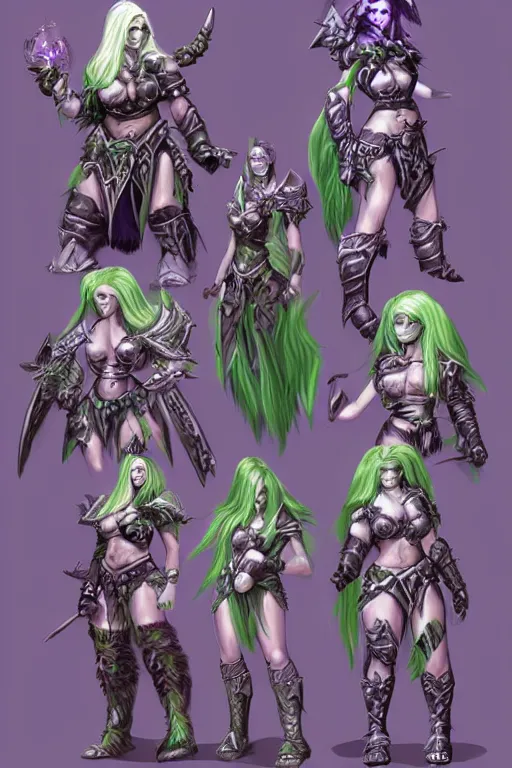 Prompt: world of warcraft concept art, barbarian warrior woman, green hair, heavy silver armor, with amethysts gemstone details