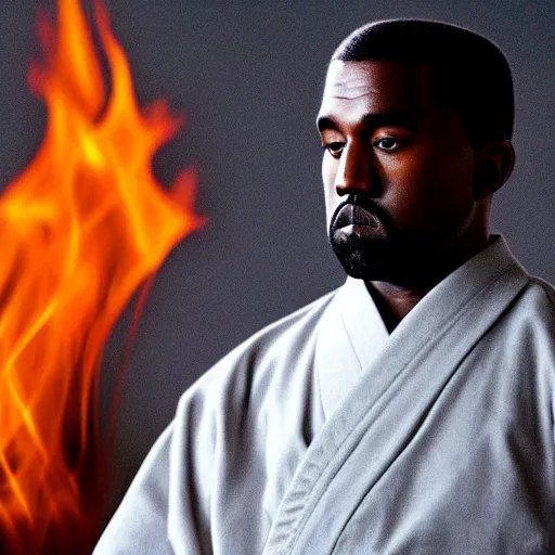 Image similar to cinematic film still of Kanye West starring as a Japanese Sensei with fire, Japanese CGI, VFX, 2003, 40mm lens, shallow depth of field, film photography