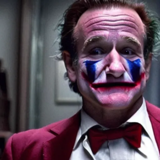 Image similar to awe inspiring Robin Williams playing The Joker 8k hdr movie still dynamic lighting