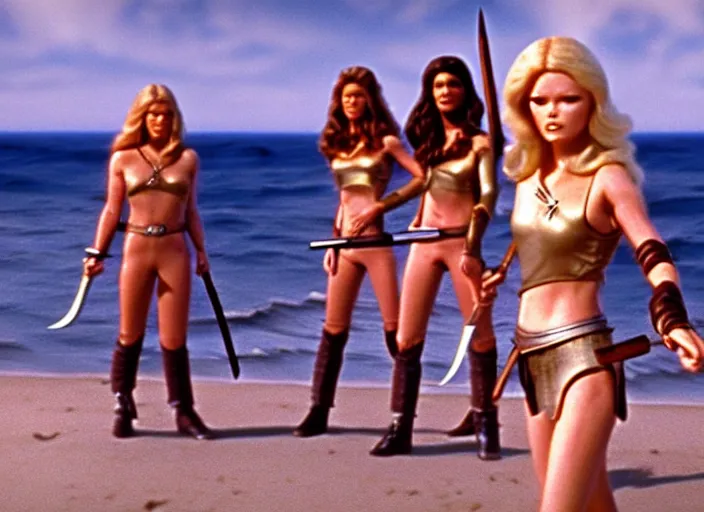 Image similar to film still charlie's angels ( 1 9 7 6 ) as a viking women with weapons, wearing skin - tight futuristic valkerie bikinis, rough seas in background, lightning storms, water world, mad max, barbarella, conan, hyper - realistic, highly detailed, accurate, 8 k octane render, 2 8 mm, wide angle, rule of thirds