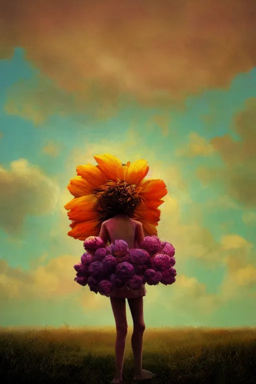 Prompt: closeup, giant flower head, a girl on beach, surreal photography, wind and cold, dramatic sky, impressionist painting, digital painting, artstation, simon stalenhag