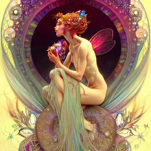 Image similar to An extremely psychedelic fairy made of crystal, surreal, face, detailed, intricate, elegant, lithe, highly detailed, digital painting, artstation, concept art, smooth, sharp focus, illustration, art by Krenz Cushart and Artem Demura and alphonse mucha