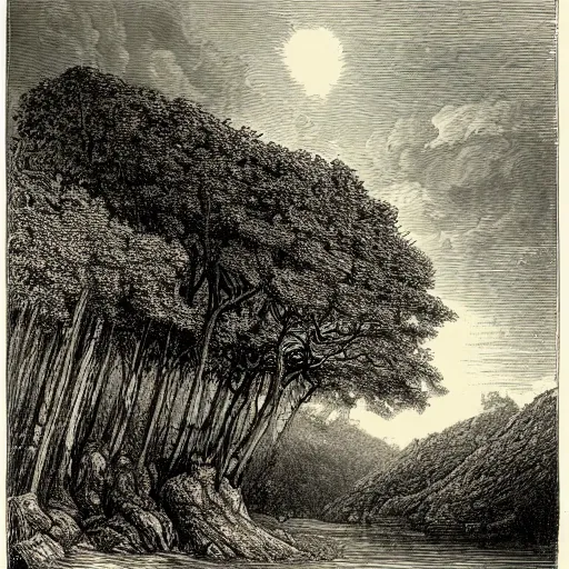 Image similar to Drawing of the Rhein, forest, high detail, clouds, realistic, illustration by Gustave Doré