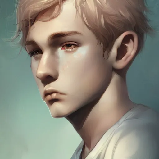 Prompt: teen boy, child, azure hair, short hair, serious, intricate, ethereal, highly detailed, sharp focus, artstation, by charlie bowater