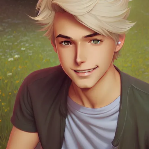 Image similar to young man with short, ash blond greyish hair, light brown eyes, casual clothes, relaxing, happy, path traced, highly detailed, high quality, digital painting, by don bluth and ross tran and studio ghibli and alphonse mucha, sylvain sarrailh