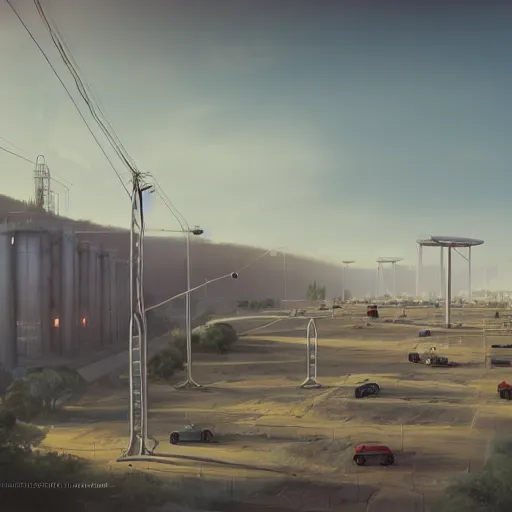 Image similar to beige rectangular research lab with big central parking, on a hill surrounded by big pylons, dramatic lighting, artstation, matte painting, raphael lacoste, simon stalenhag, frank lloyd wright, zaha hadid, drone view