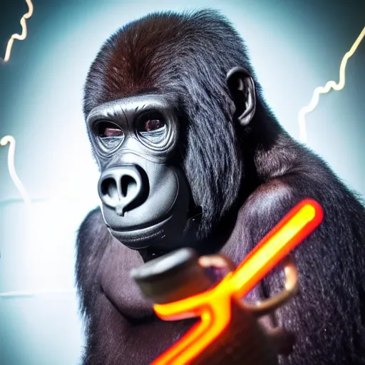 Image similar to high quality photo of A gorilla wearing a world war 2 gas mask in a lab with neon lights, realism, 8k, award winning photo