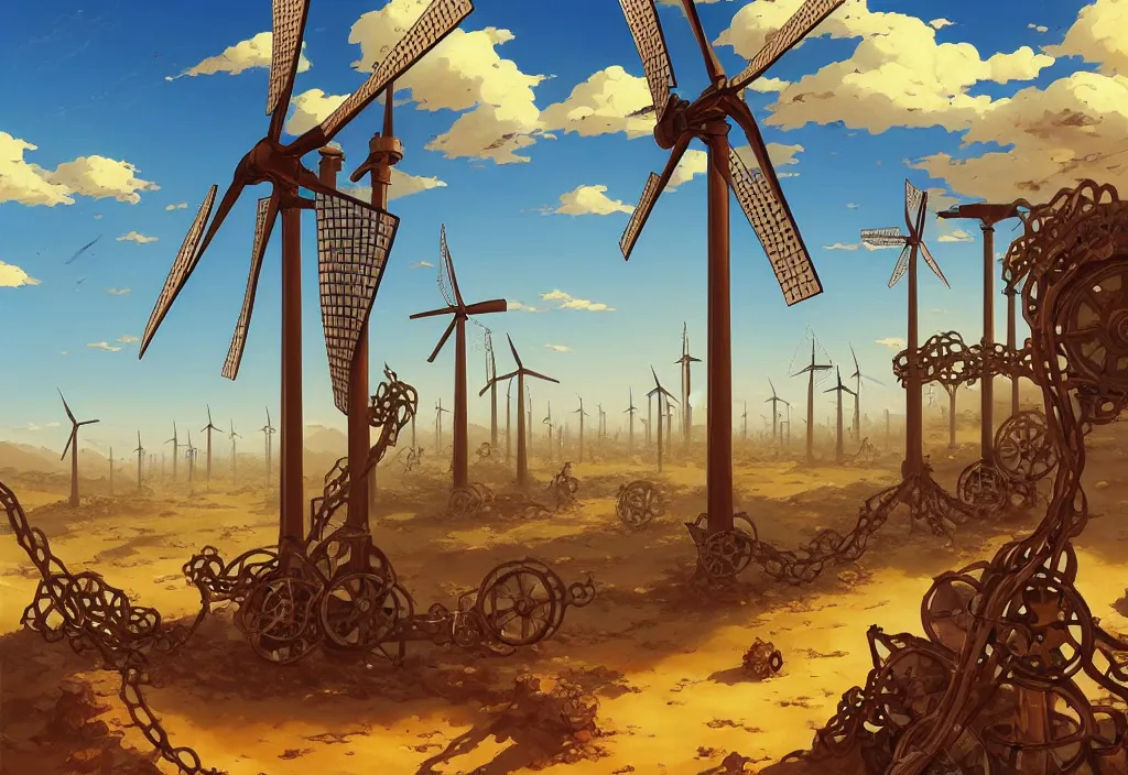 Prompt: steampunk windmills in the desert with chubby vines in the foreground, intricate oil painting, high detail illustration, sharp high detail, manga and anime 1 9 9 9, official fanart behance hd artstation by jesper ejsing and makoto shinkai, 4 k,