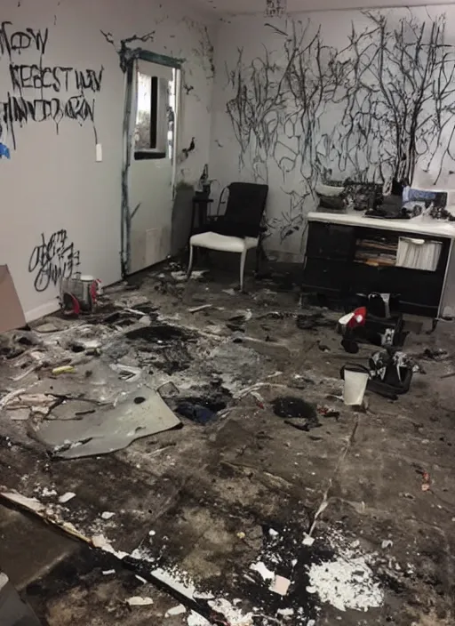 Prompt: photo of a secret meth lab, vandalized and broken