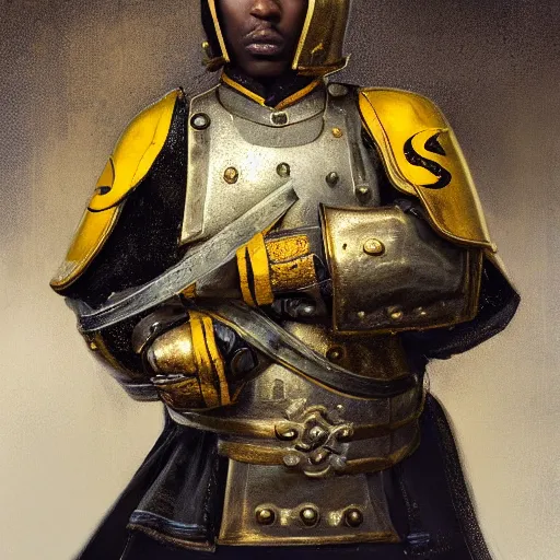 Image similar to Medium shot young idealistic and pious homely male Imperial soldier wearing a {black and yellow tabard} over a brown gambeson and a {realistic steel helm!!!!!}, by Raymond Swanland Greg Rutkowski Lise Deharm, {perfect face}, {perfect eyes}, {uncertain look}, {on edge}