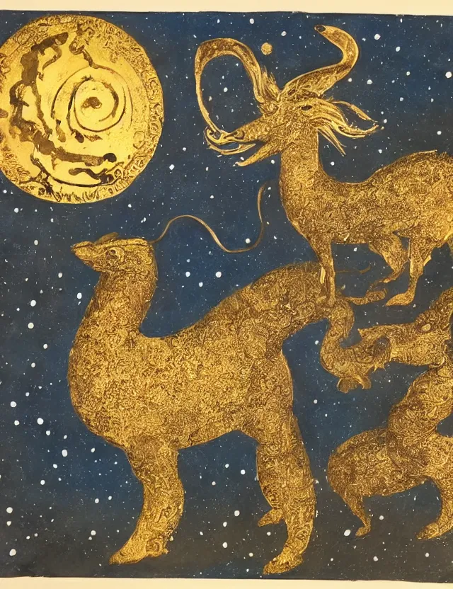 Prompt: animal god of song and starlight. this ink wash and goldleaf work by the beloved children's book illustrator has interesting color contrasts, plenty of details and impeccable lighting.