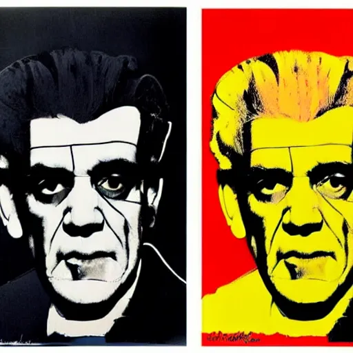 Image similar to boris karloff silk screen portrait by andy warhol, butcher billy style