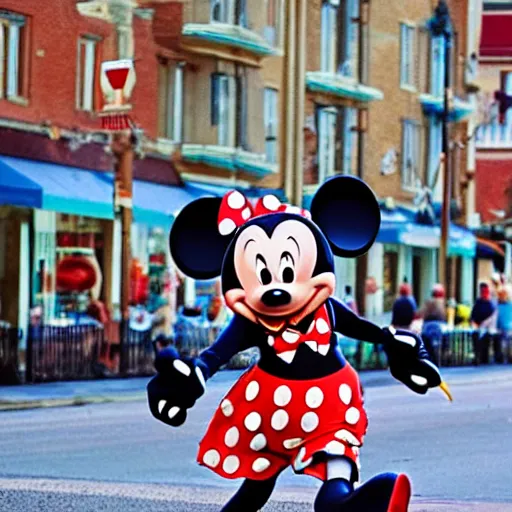 Prompt: Mickey mouse running through town scaring people, realistic, photograph