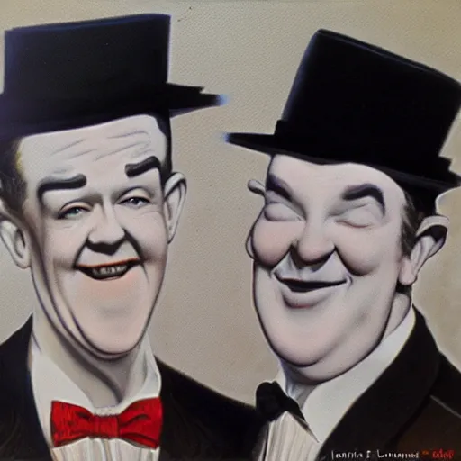 Image similar to A portrait of Stan Laurel and Laurel Hardy in hats by Frank Kelly Freas