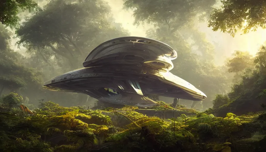 Prompt: a beautiful painting of odysseus spaceship in a lush jungle, ray traced lighting by kalin popov and greg rutkowski