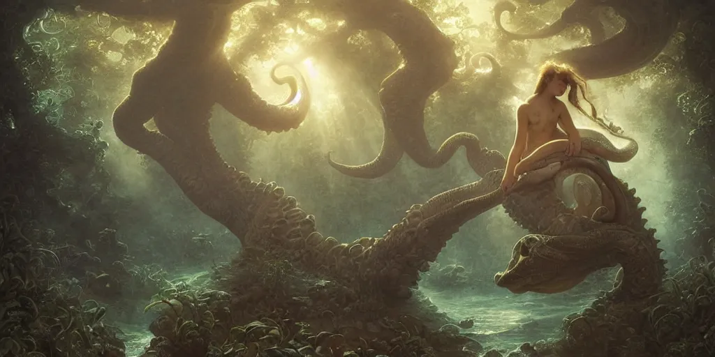 Image similar to Fantasy fairytale story, Great Leviathan Turtle, cephalopod, Cthulhu Squid Terrapin, Mysterious Island, center Universe, hybrid, Reptilian Cyborg, intense celestial fantasy atmospheric lighting, hyper realistic, William-Adolphe Bouguereau, François Boucher, Jessica Rossier, Michael Cheval, michael whelan, Cozy, hot springs hidden Cave, Forest, candlelight, natural light, lush plants and flowers, Spectacular Mountains, bright clouds, luminous stellar sky, outer worlds, Golden dapple lighting, Solar Flare Unreal Engine, HD,