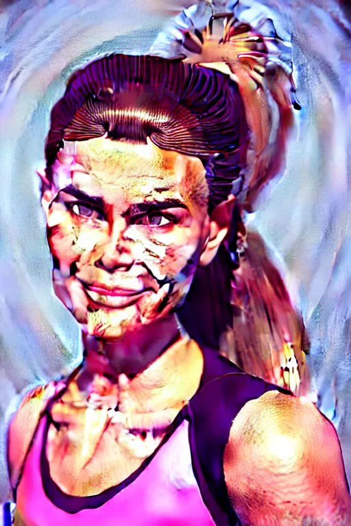 Image similar to portrait of a mix of beautiful young maria shriver, mariel hemmingway, brooke shields, nicole kidman and elle macpherson as an exercise gym girl, thin lips, hair tied up in a pony tail, colorful artstation, cgsociety