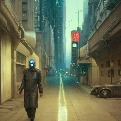 Image similar to dreary realism portrait of masked cyber punk helmet on the art deco streets of the big city, artstation, award - winning realistic sci - fi concept art by jim burns and greg rutkowski, beksinski, a realism masterpiece, muted color palette, james gilleard, bruegel, alphonse mucha, and yoshitaka amano