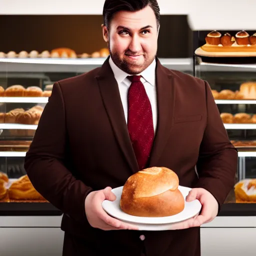 Image similar to Close up portrait of a clean-shaven chubby man wearing a brown suit and necktie with a bakery in the background. Photorealistic. Award winning. Dramatic lighting. Intricate details. UHD 8K. He looks very happy.