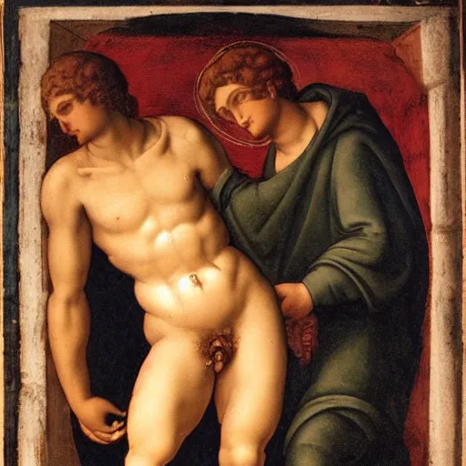 Image similar to two men, forbidden love, seperated by a deity, on one side is light on the other is darkness, body type is michelangelo's david in a renaissance style - h 9 0 0