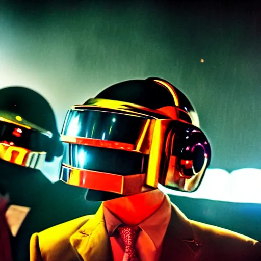 Image similar to daft punk djing at a huge rave with lots of people, chromatic aberration, 8 0 s film, bokeh depth of field