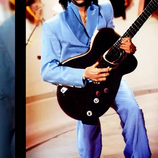 Prompt: Prince with his guitar made out of wood.