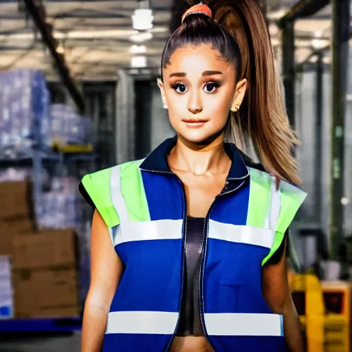 Image similar to photo, close up, ariana grande in a hi vis vest, in warehouse, android cameraphone, 2 6 mm,