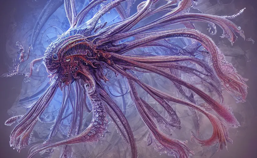 Image similar to sci - fi biomechanical, mandelbulb 3 d, colored, unreal engine, fractal flame, monster character design, fantasy. intricate jellyfish crab eagle lizard biomechanical. by ernst haeckel