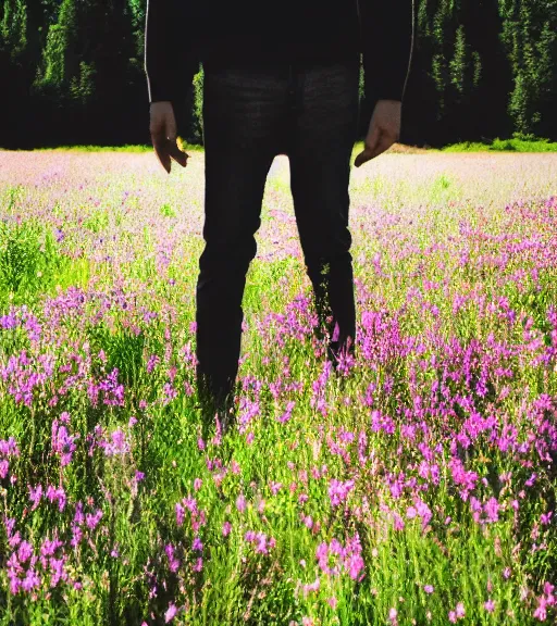 Image similar to tall shadow person standing in beautiful meadow of flowers, film photo, grainy, high detail, high resolution