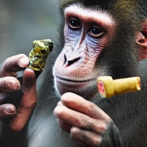 Prompt: Monkey holding and smoking a fat joint, iPhone selfie