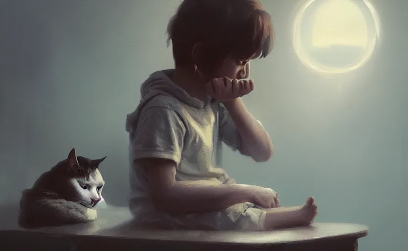 Image similar to painting of sad kid with a cat, hyper realistic t, natural light, concept art, by greg rutkowski, cozy atmospheric and cinematic lighting