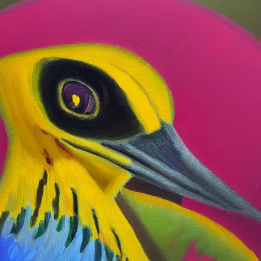 Prompt: oil painting of a apteryx mantelli, close up, bright colors.