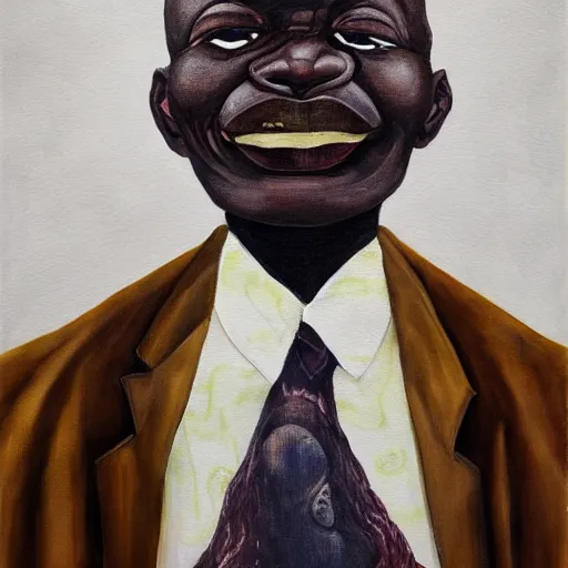 Image similar to a painting of a fatherly wide forehead, long nose, round face, XXL , loving, caring, generous, ever-present, humble, wise elder from Kenya in a suit by Wangechi Mutu . Fatherly/daddy, focused, loving, leader, relaxed,. ethereal lights, details, smooth, sharp focus, illustration, realistic, cinematic, artstation, award winning, rgb , unreal engine, octane render, cinematic light, macro, depth of field, blur, red light and clouds from the back, highly detailed epic cinematic concept art CG render made in Maya, Blender and Photoshop, octane render, excellent composition, dynamic dramatic cinematic lighting, aesthetic, very inspirational, arthouse.