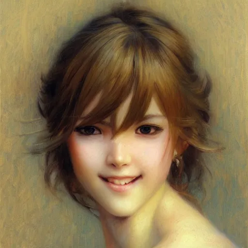 Prompt: a very stunning portrait of a beautiful anime girl, sweet smile, detailed painting by gaston bussiere, craig mullins, j. c. leyendecker