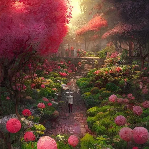 Prompt: a marc simonetti fantasy illustration of a blooming garden, hq