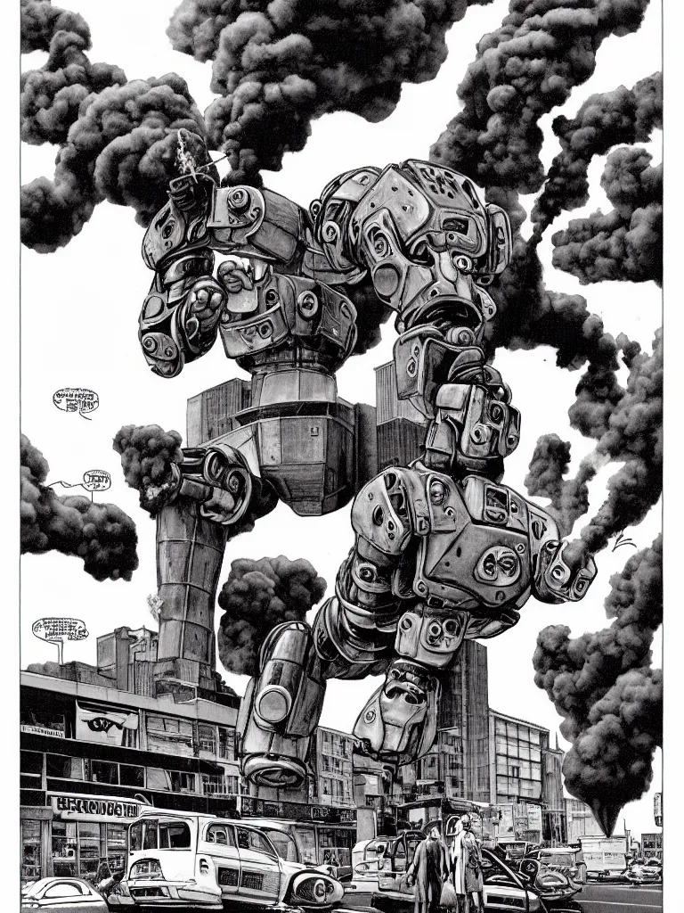Prompt: an full body Giant classic robot walking down the street, holds a massive glazed donut to its mouth, a building is on fire smoking and a crushed car is under the foot of the giant robot by Richard Corben