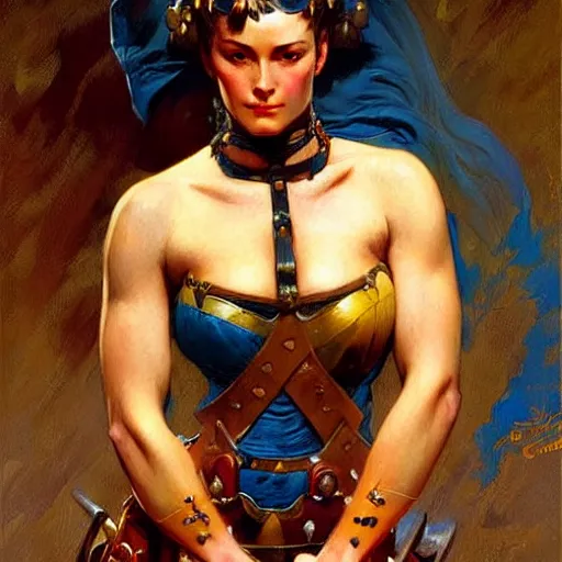 Image similar to warrior, beautiful female, character design, painting by j. c. leyendecker, gaston bussiere, frank frazetta, tom of finland, trending on artstation