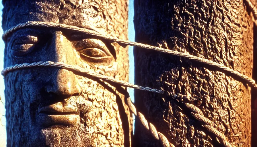 Image similar to 1 9 7 0 s movie still close - up of marcus atilius regulus'face tied with ropes at a pole with sewed eyes, forced - open eyes looking directly at the burning sun, his eyes are bleeding intense, cinestill 8 0 0 t 3 5 mm, high quality, heavy grain, high detail, texture, dramatic light