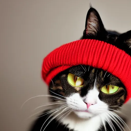 Prompt: a Cat with tired red eyes smoking weed and wearing beanie