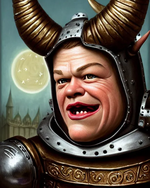 Image similar to highly detailed closeup, face profile portrait of a tin toy matt damon as a medieval demon with horns eating cakes in a castle, hyper realistic, artstation, illustration, nicoletta ceccoli, mark ryden, lostfish, dan decarlo, bob clampett, max fleischer, digital paint, matte paint, vivid colors, detailed and intricate environment