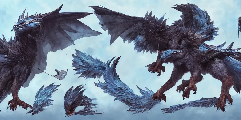 Image similar to Azure feathered winged wolf character design sheet, Monster Hunter Illustrations art book, big claws, huge wings, long tail, Moebius, Greg Rutkowski, Zabrocki, Karlkka, Jayison Devadas, Phuoc Quan, trending on Artstation, 8K, ultra wide angle, zenith view, pincushion lens effect.