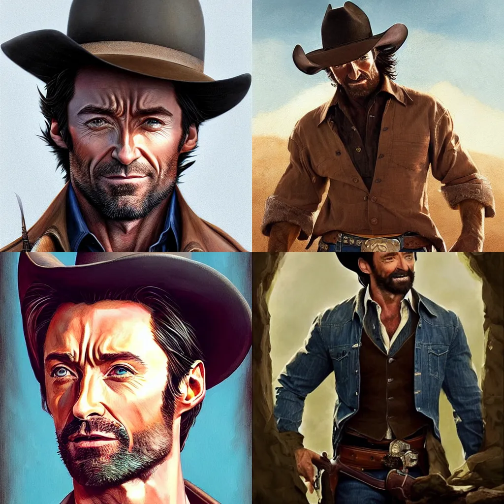 Prompt: hugh jackman as a cowboy, handsome, romance novel cover, face, intricate, dreamy, elegant, digital painting, artstation, smooth, sharp focus, art by artgerm and greg rutkowski and and annie leibovitz