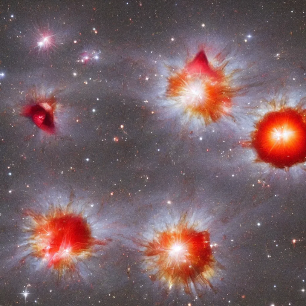 Image similar to a peach-like neutron star is bursting and throwing strawberry to all around