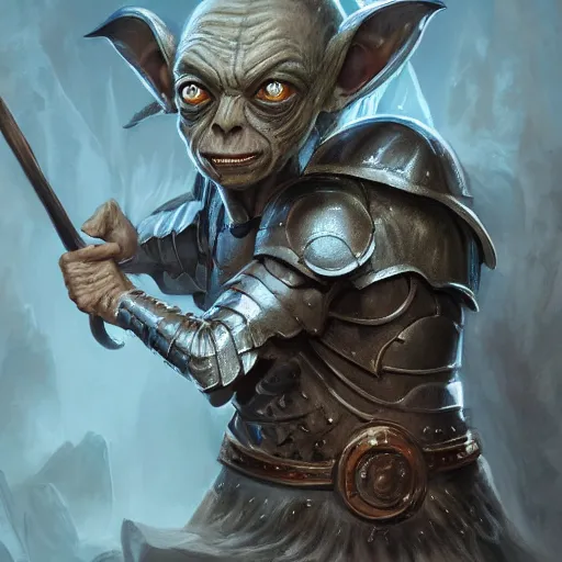 Image similar to Gollum as a paladin, grumpy, plate armor, Ivan Aivakovsky, Boris Vallejo, epic fantasy character art, D&D Concept Art, full length, Realistic, Regal, Refined, Detailed Digital Art, Oil Paining, Exquisite detail, post-processing, masterpiece, Cinematic Lighting, Unreal Engine, 8k, HD,