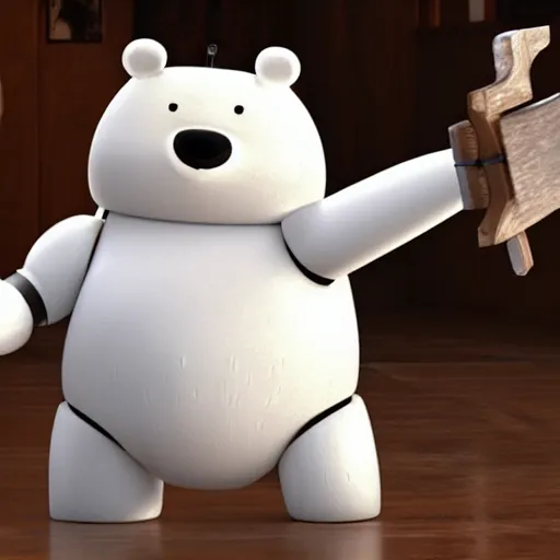 Image similar to ice bear as a robot with an axe from we bare bears in san fransisco, 8 k, weta pixar disney hyper realistic lifelike raytraced cinematic still photography