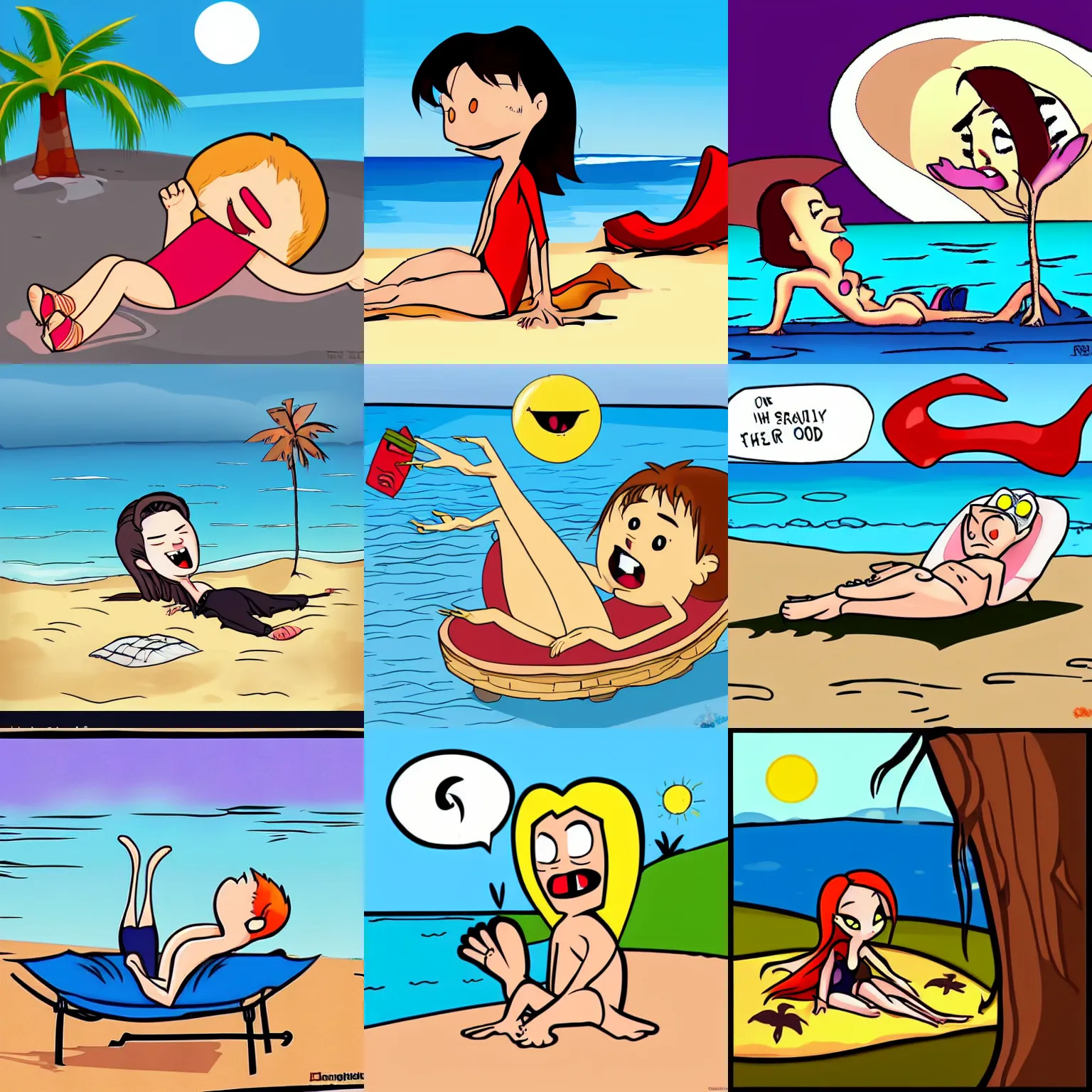 Prompt: vampire sunbathing on a beach, cartoon style, funny, cute