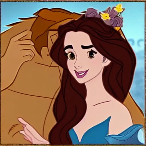 Prompt: of lilly collins as a beauty and the beast disney cartoon princess