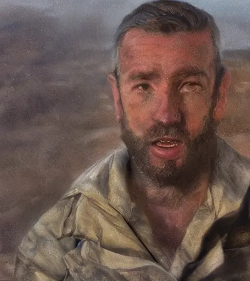 Image similar to portrait of muscular, tired and alcoholic 3 0 - year - old grieving man with short darkblonde hair, serious sad look in his eyes, looking down, dirty beard, blue eyes, crying tears, wearing dirty soldier uniform, on the desert, sad atmosphere, hyper realistic face, character art, art by mark brooks, cryengine, trending on artstation, digital art