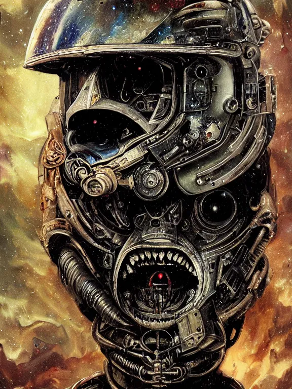 Prompt: art portrait of a chaos space marine, decaying, galaxy reflected in helmet, giger,8k,by tristan eaton,Stanley Artgermm,Tom Bagshaw,Greg Rutkowski,Carne Griffiths, Ayami Kojima, Beksinski, Giger,trending on DeviantArt,face enhance,hyper detailed,minimalist,cybernetic, android, blade runner,full of colour,